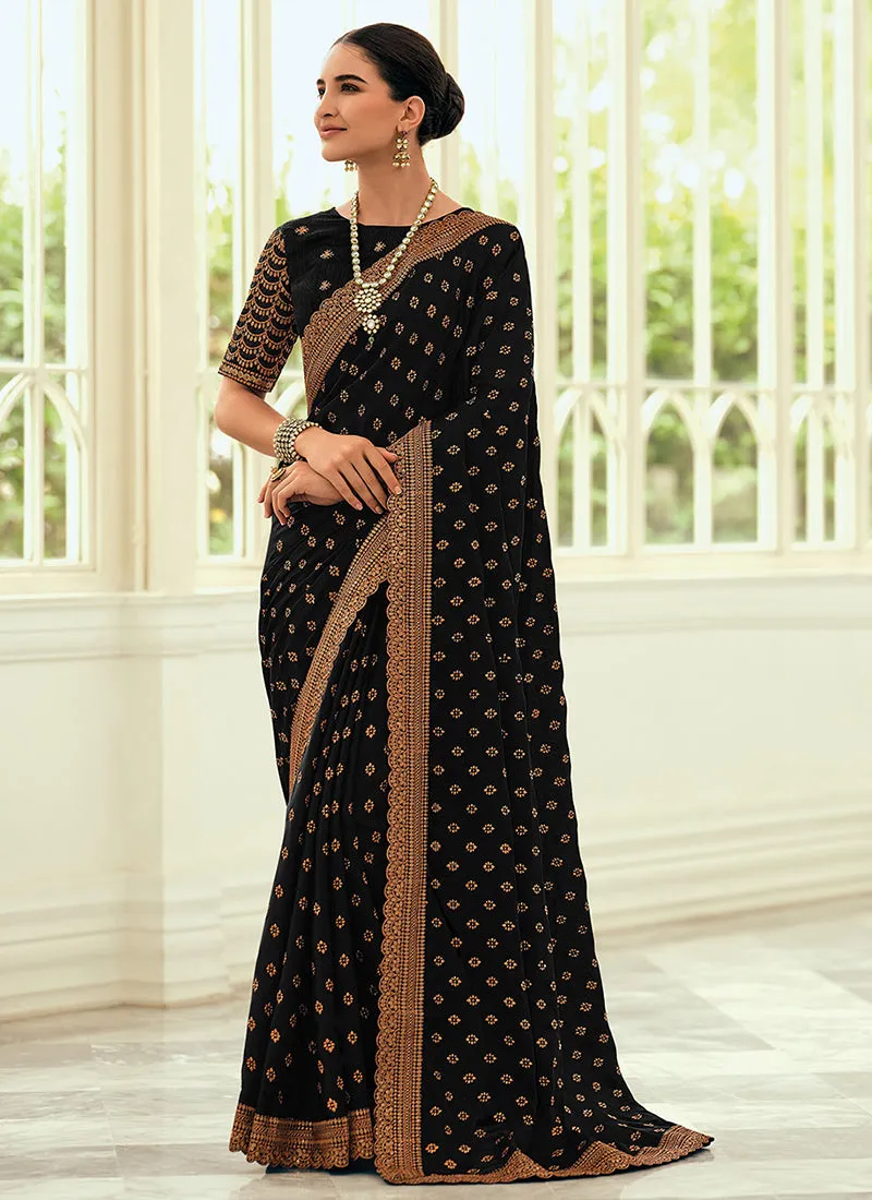 Black Sequence Embroidery Wedding Silk Saree