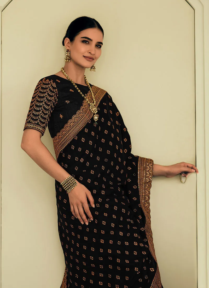 Black Sequence Embroidery Wedding Silk Saree