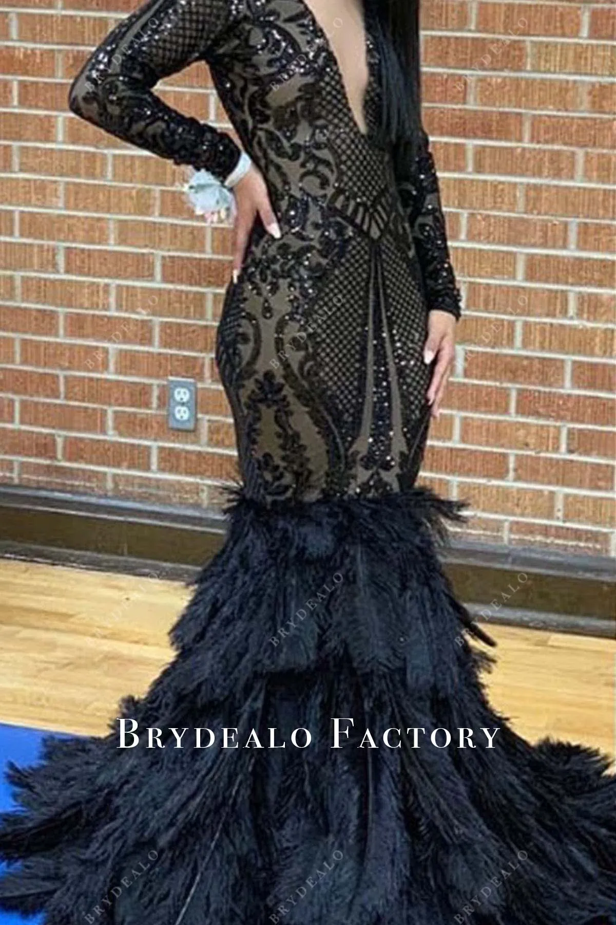 Black Sequin Plunging Neck Feather Trumpet Floor Length Prom Dress