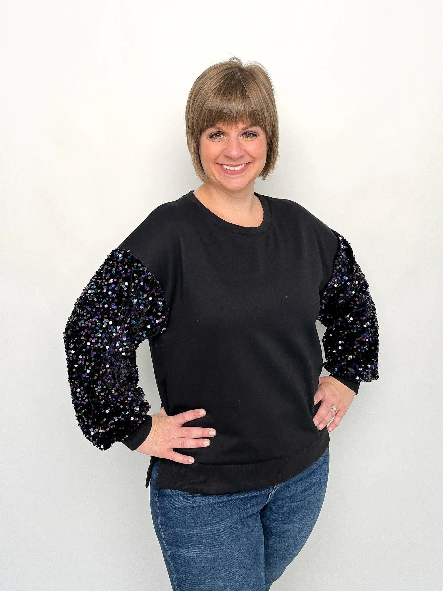 Black Sequined Sleeve Sweater