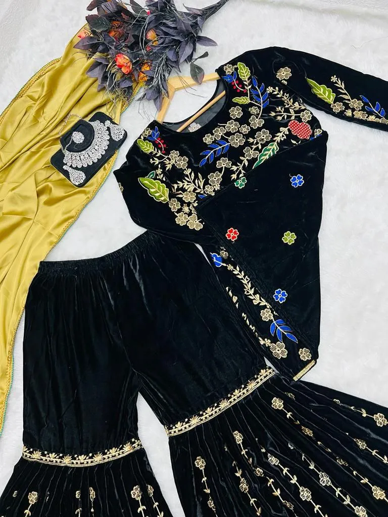 Black Sharara Sets in Velvet with Embroidery Sequence Work