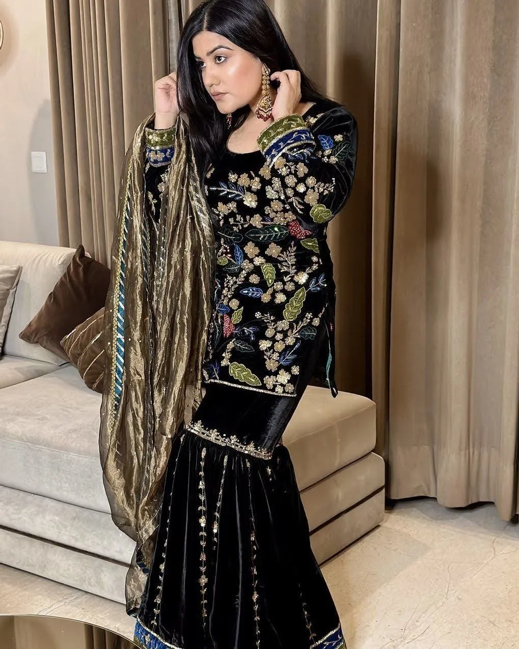 Black Sharara Sets in Velvet with Embroidery Sequence Work