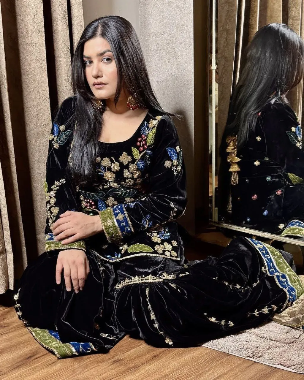 Black Sharara Sets in Velvet with Embroidery Sequence Work