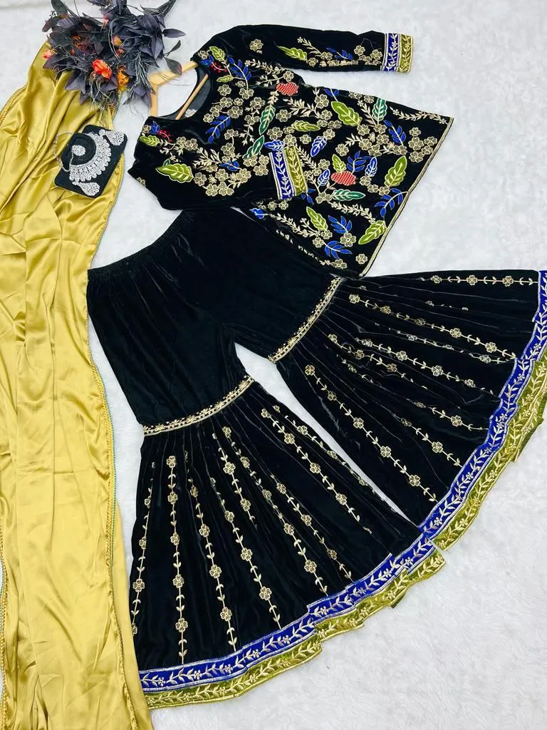 Black Sharara Sets in Velvet with Embroidery Sequence Work