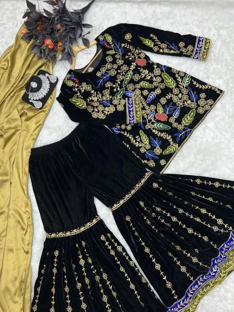 Black Sharara Sets in Velvet with Embroidery Sequence Work