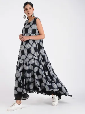 Black Shibori A Line Flared Dress