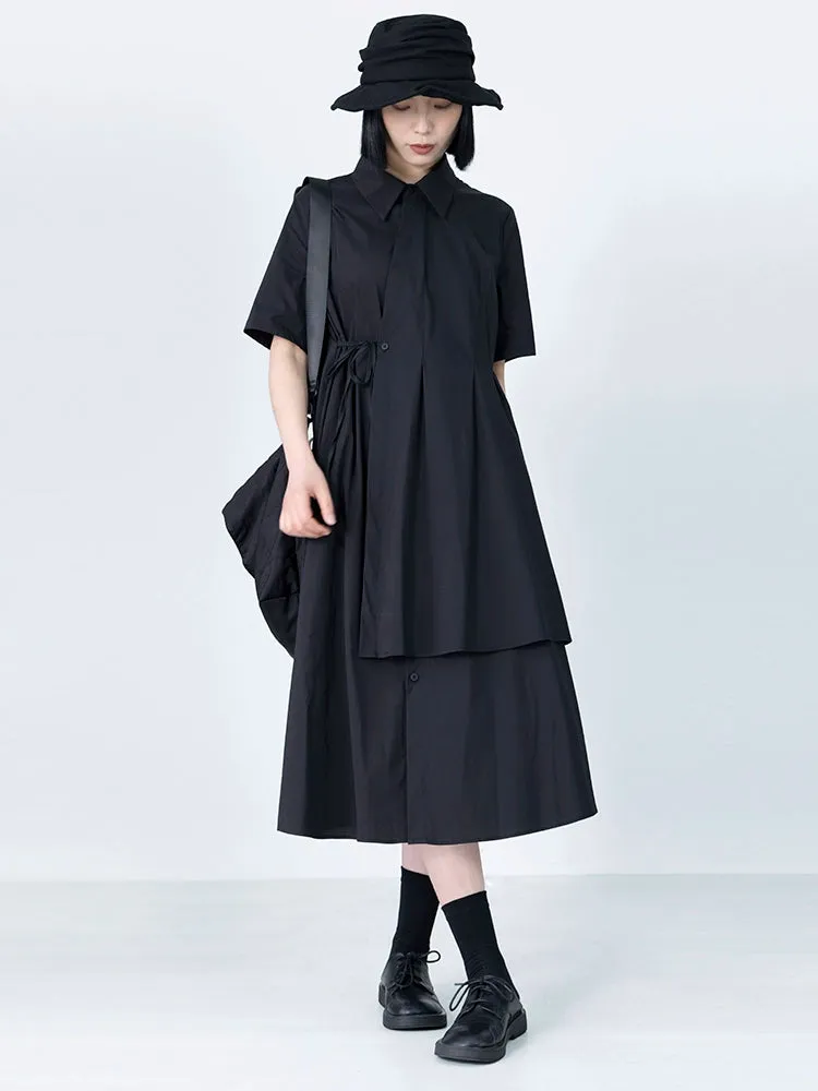 Black Shirt Dress A-Line High Waist Short Sleeve Tie Skirt