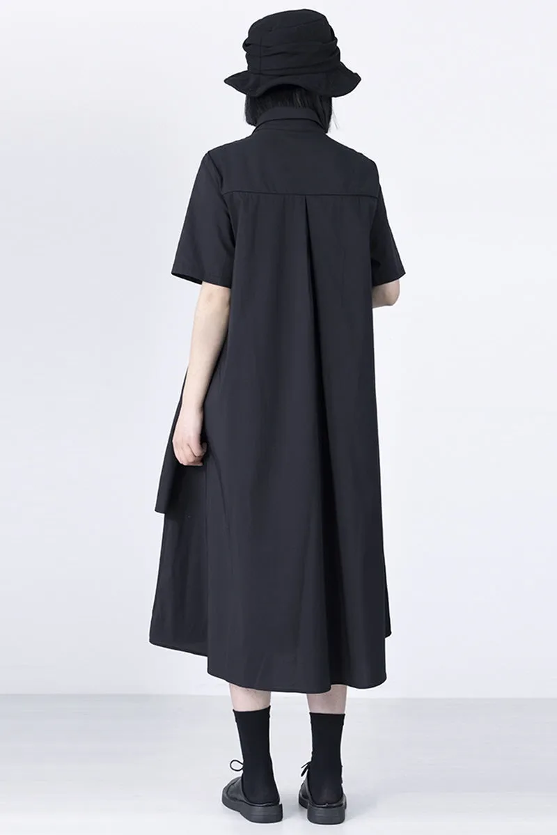 Black Shirt Dress A-Line High Waist Short Sleeve Tie Skirt