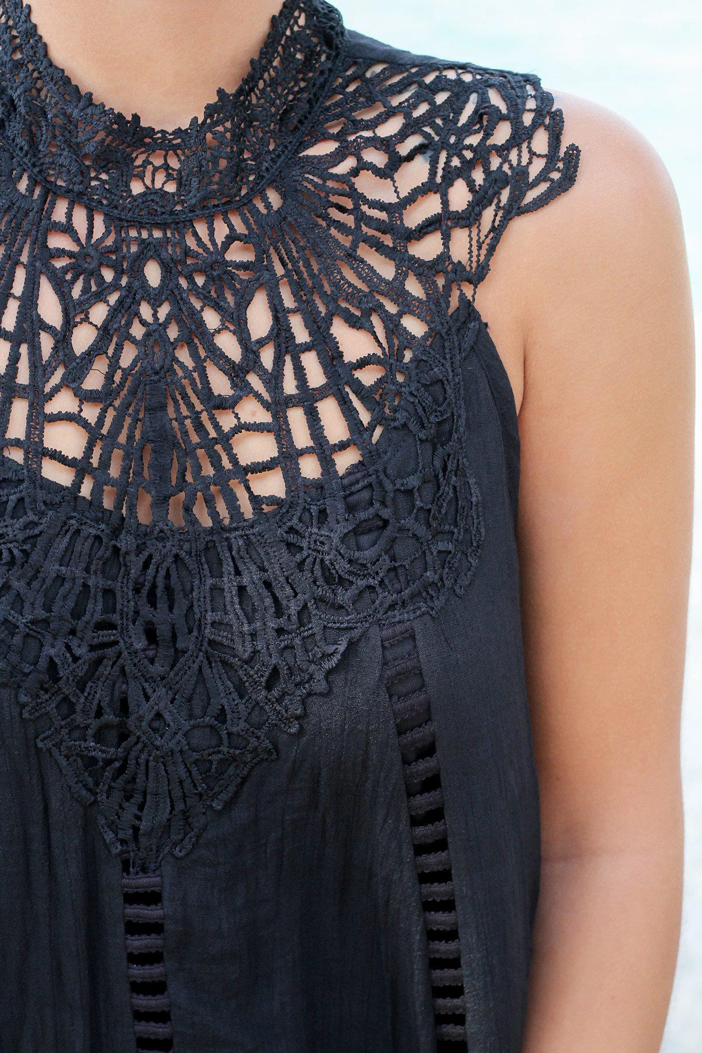 Black Short Dress with Crochet Detail