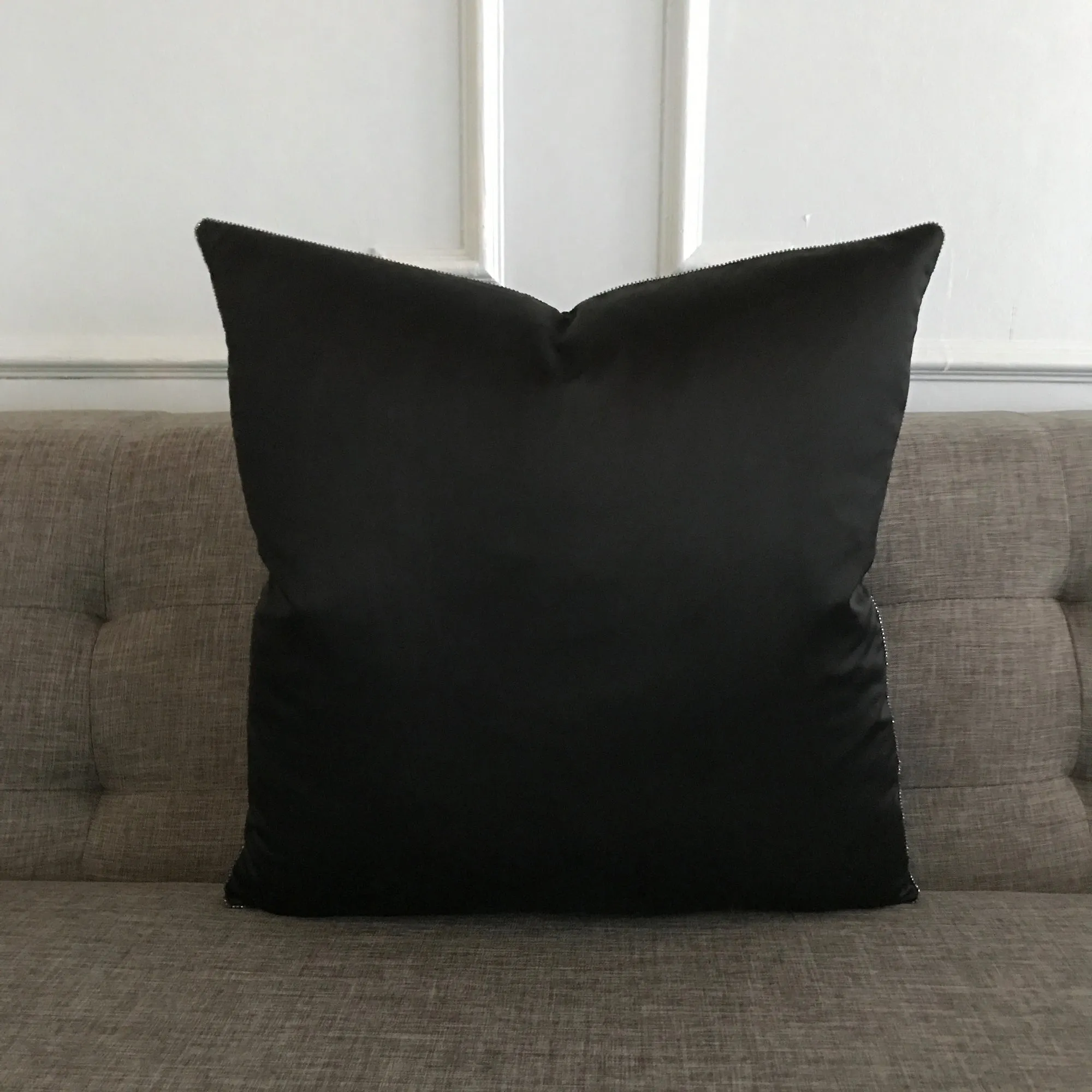 Black Silk Metallic Bead Trim Throw Pillow Cover 20x20