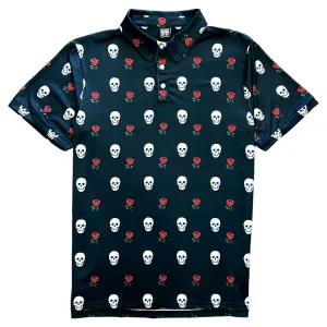 Black Skull And Roses Men's Short Sleeve Polo Golf Shirt