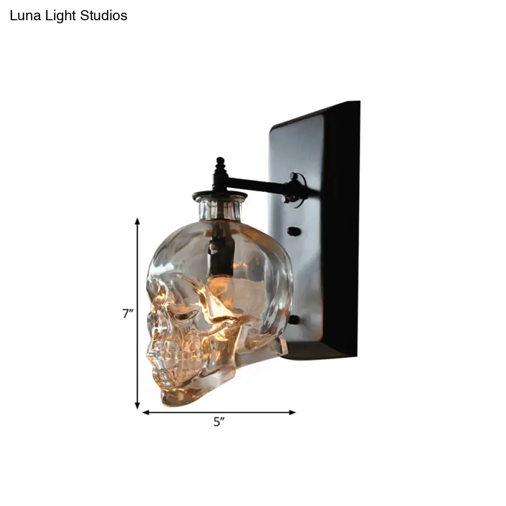 Black Skull Wall Mount Light Artistic Single-Bulb Clear Glass Wall Sconce for Corridor