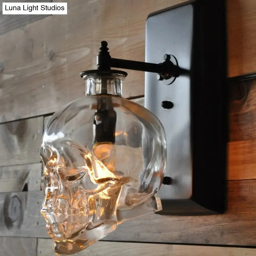 Black Skull Wall Mount Light Artistic Single-Bulb Clear Glass Wall Sconce for Corridor