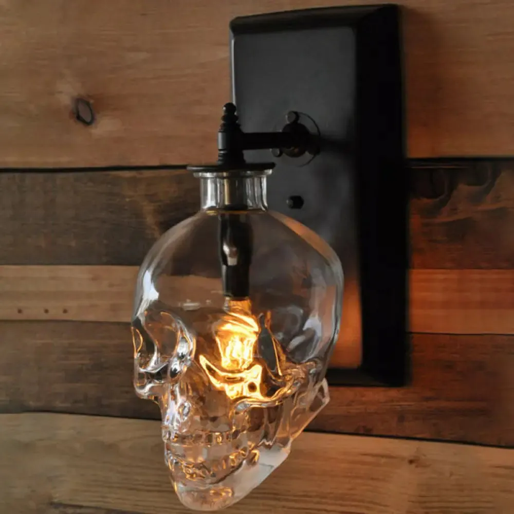 Black Skull Wall Mount Light Artistic Single-Bulb Clear Glass Wall Sconce for Corridor