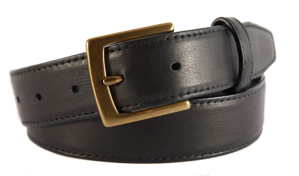 Black Smooth Leather Belt, Signature Buckle (Antique Brass)