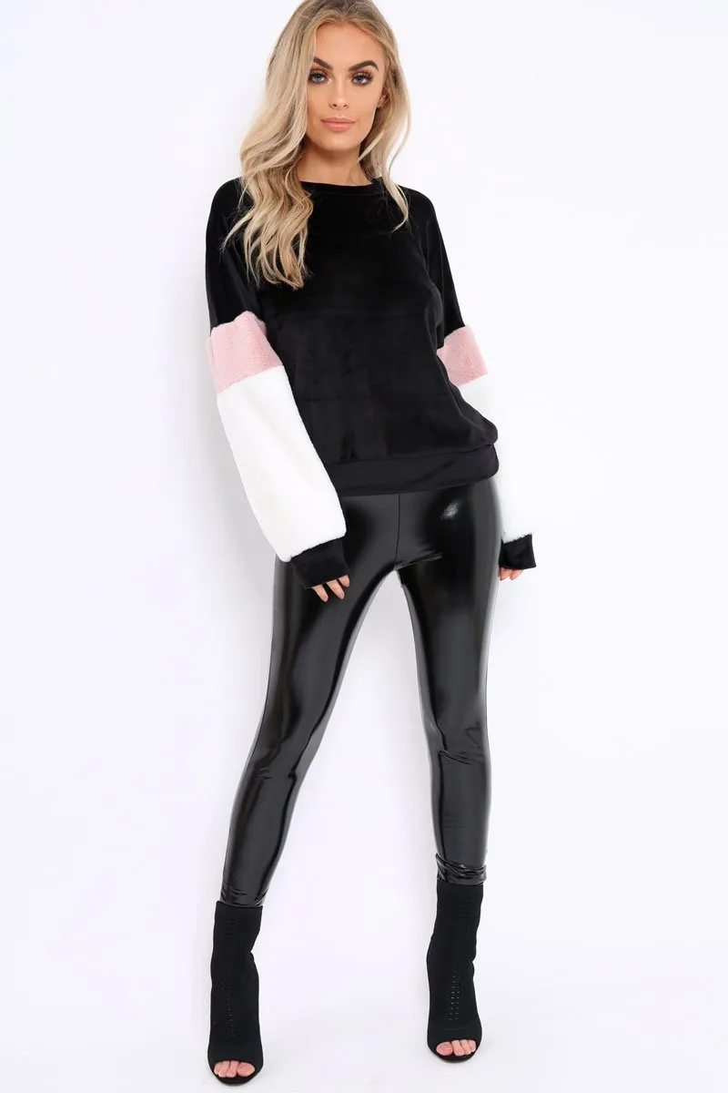 Black Soft Fur Jumper with Contrast Sleeves - Erla