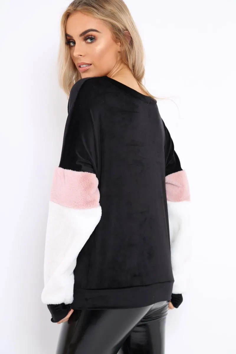 Black Soft Fur Jumper with Contrast Sleeves - Erla