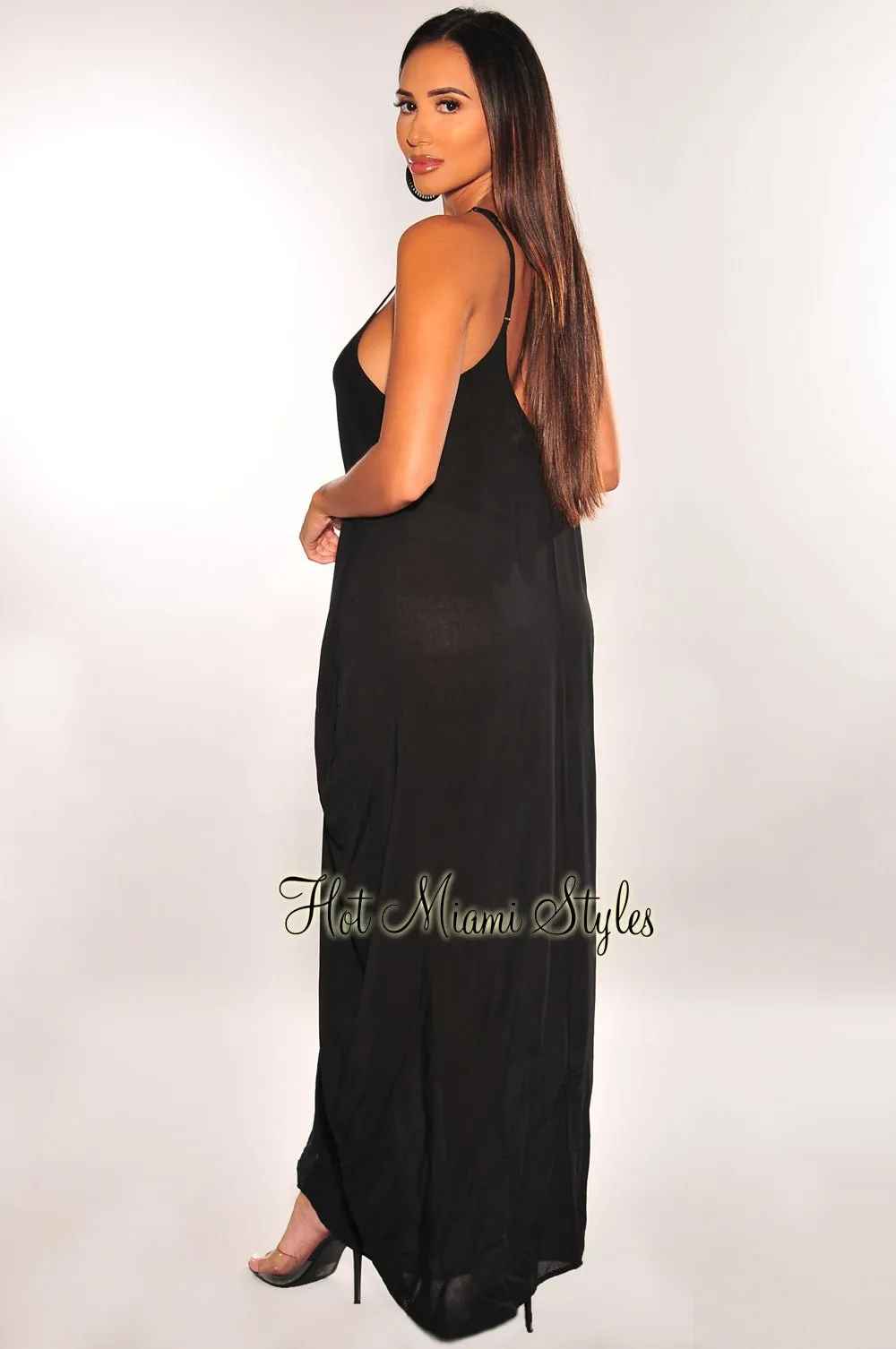 Black Spaghetti Straps V Neck Cover Up Maxi Dress