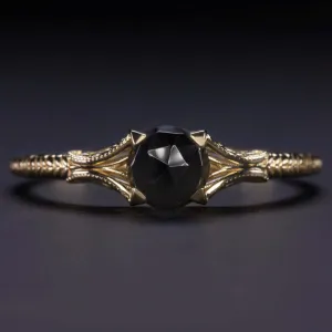 BLACK SPINEL SOLITAIRE RING 14k GOLD 5mm ROSE CUT VINTAGE STYLE DAINTY PROMISE