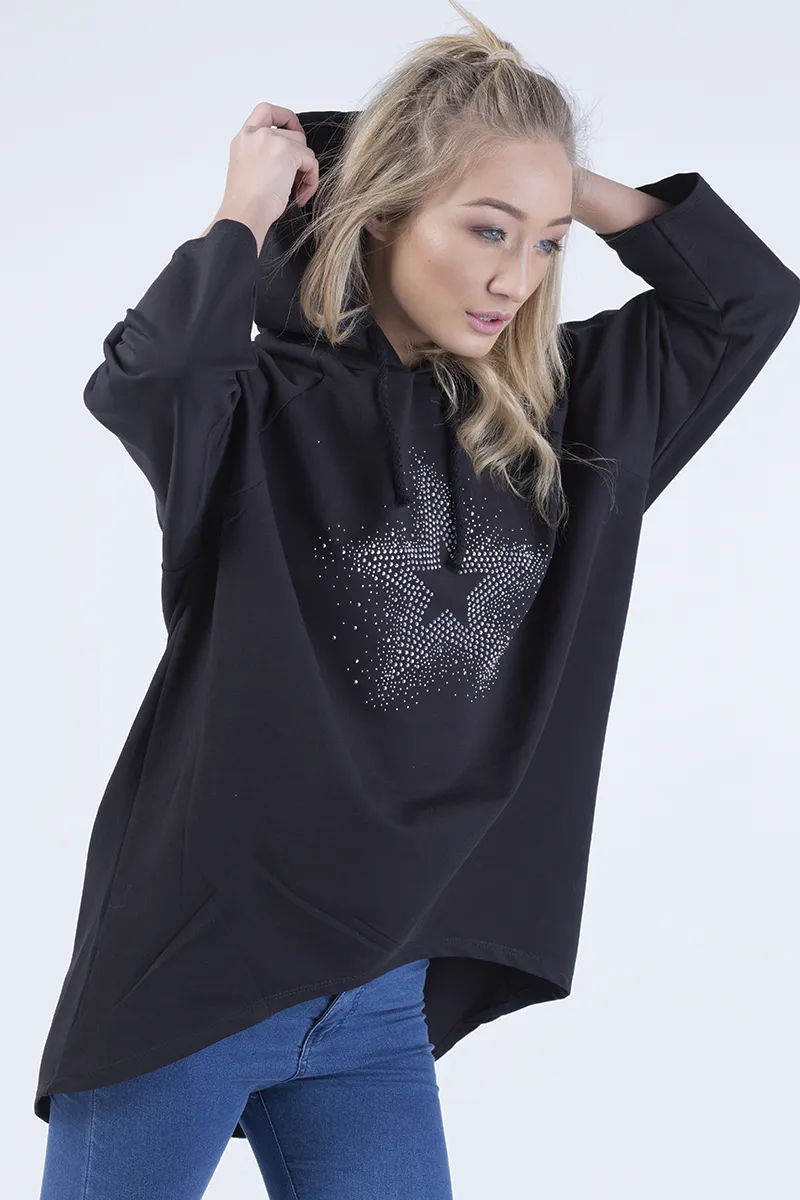 Black Star Diamante Oversized Hoodie - Sarah