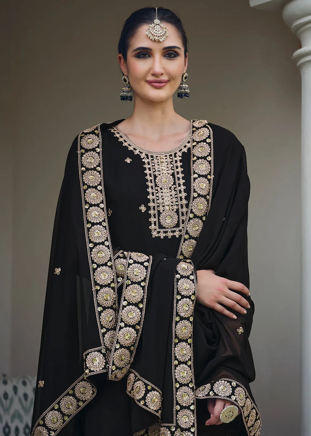 Black Stone Work Embroidered Festive Palazzo Suit