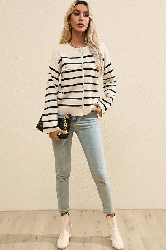 Black Stripe Flap Pocket Buttoned Cardigan Sweater