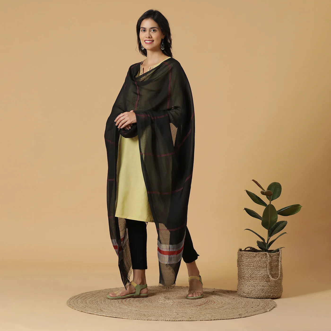 Black Striped Silk Tencel Dupatta