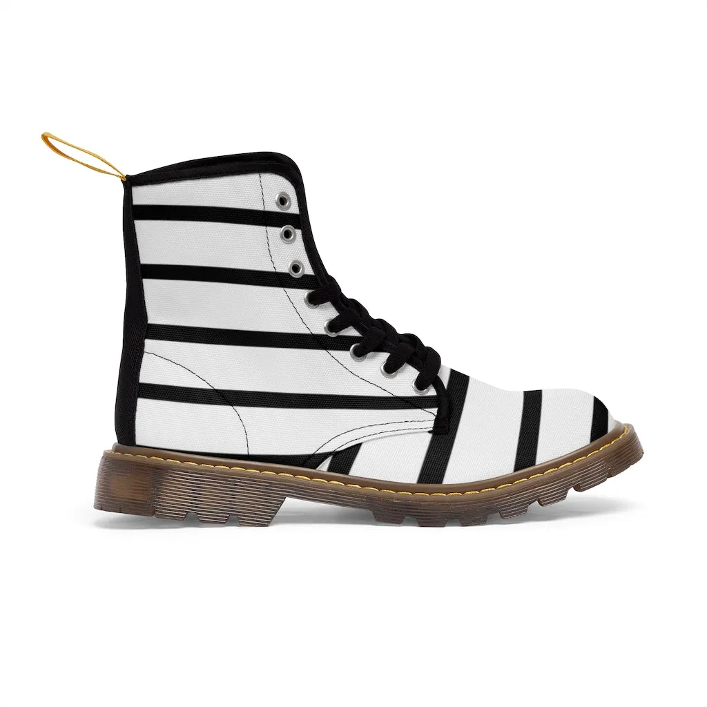 Black Striped Women's Canvas Boots, Black White Stripes Designer Best Fashion Canvas Boots