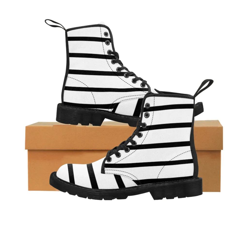 Black Striped Women's Canvas Boots, Black White Stripes Designer Best Fashion Canvas Boots