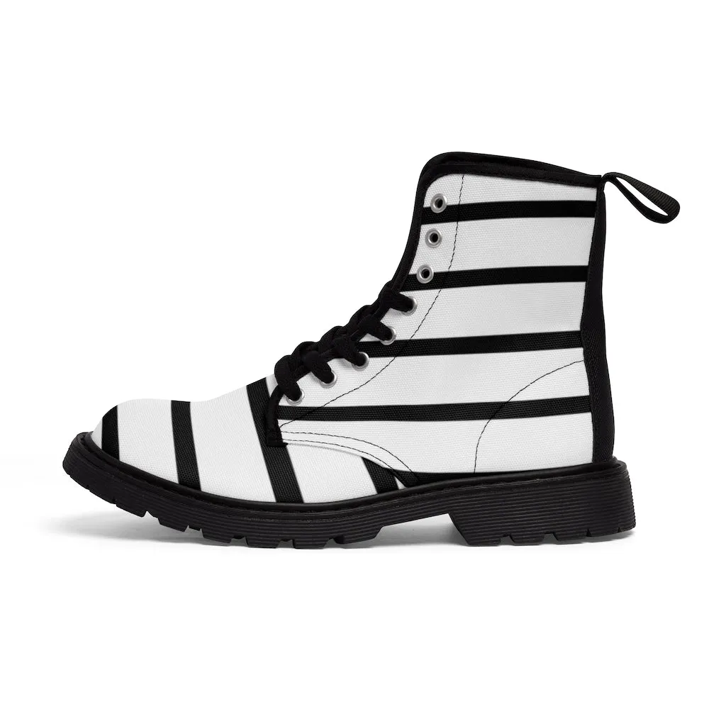 Black Striped Women's Canvas Boots, Black White Stripes Designer Best Fashion Canvas Boots