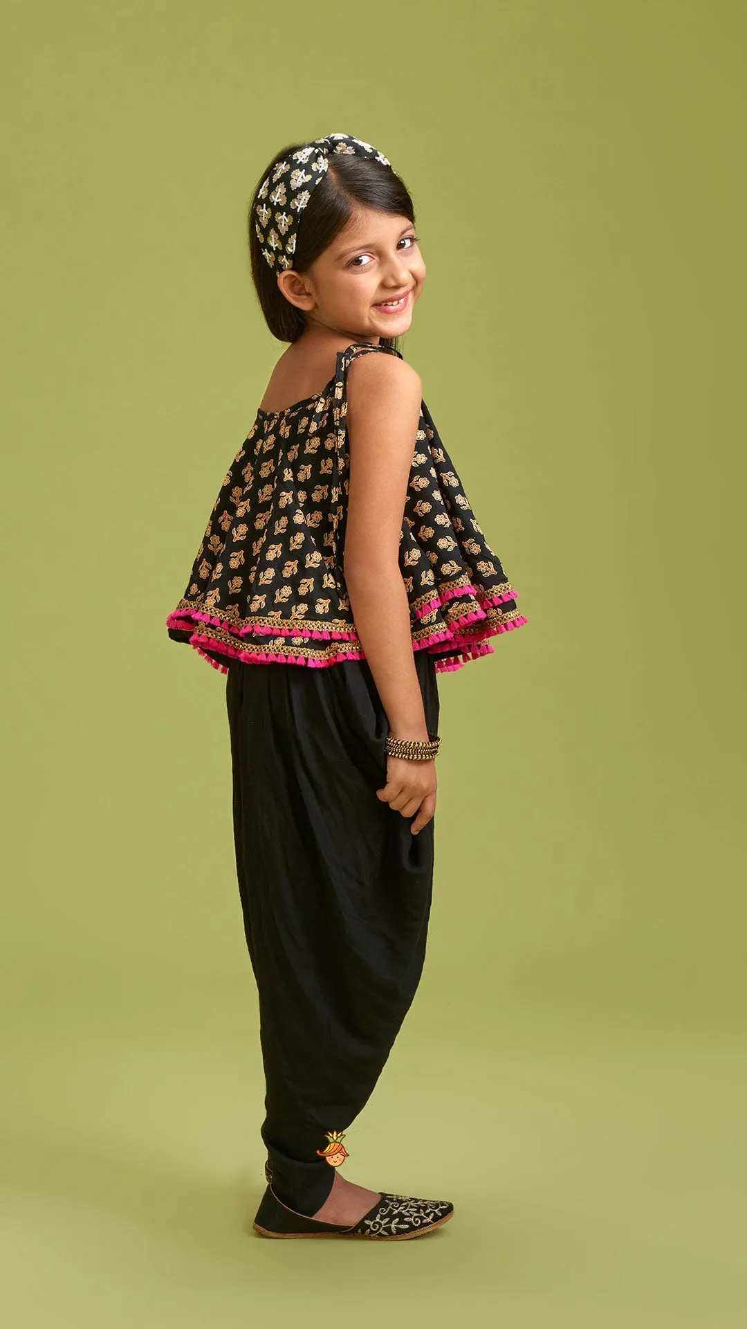 Black Stylish Printed Lace Work Top And Dhoti With Matching Sling Bag