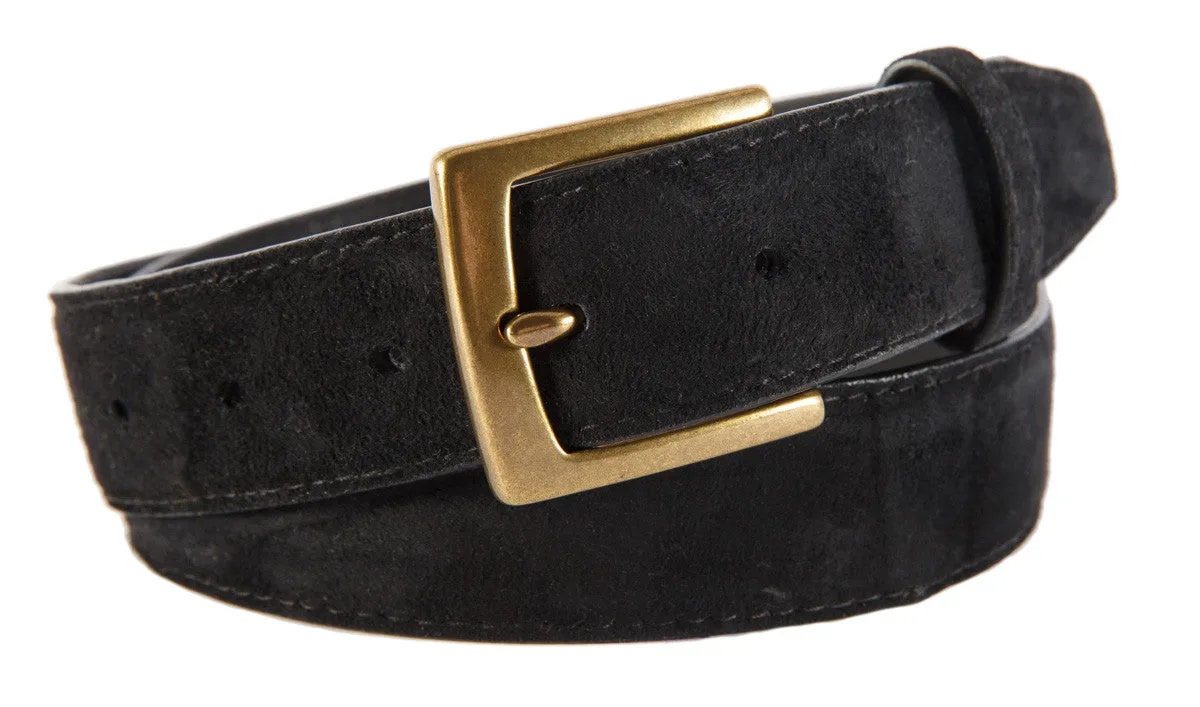 Black Suede Belt, Signature Buckle (Antique Brass)