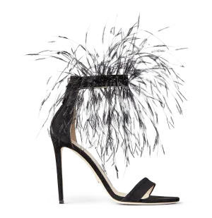 Black Suede Strap Sandals with Feathers