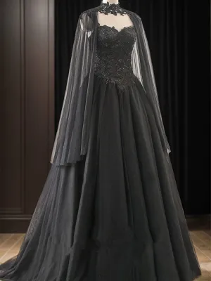 Black Sweetheart Tulle with Lace Long Sweet 16 Dress, Black Formal Dress with Cape