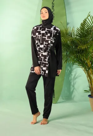 Black Swimsuit with White Maze Print Shirt  طقم سباحه باللون الأسود و بنقشة المتاهة باللون الأبيض