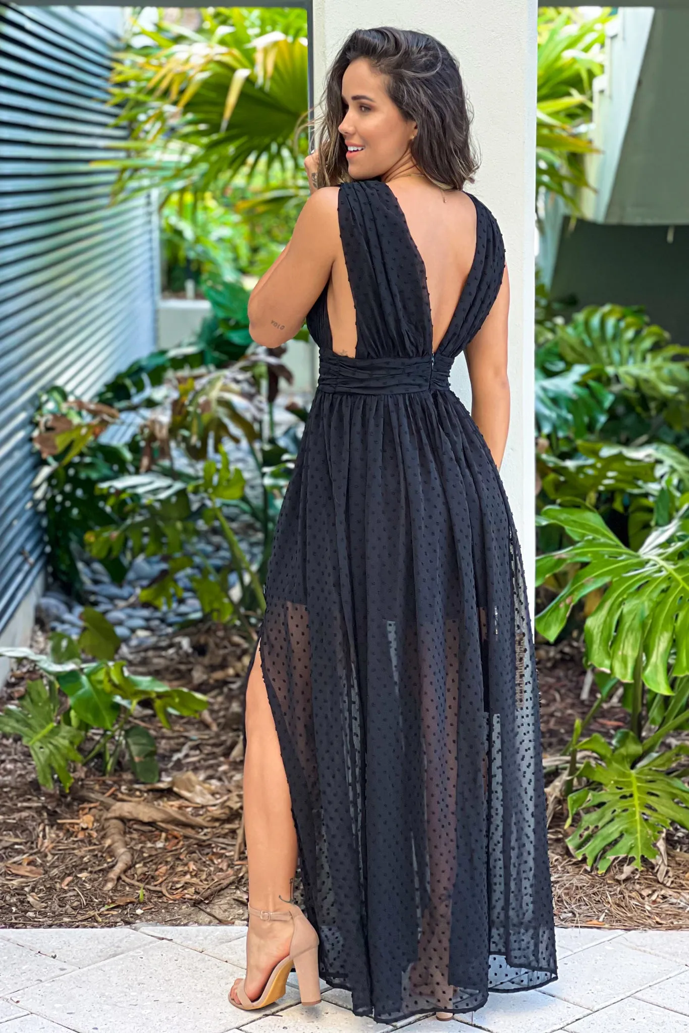 Black Swiss Dot Deep V-Neck Maxi Dress