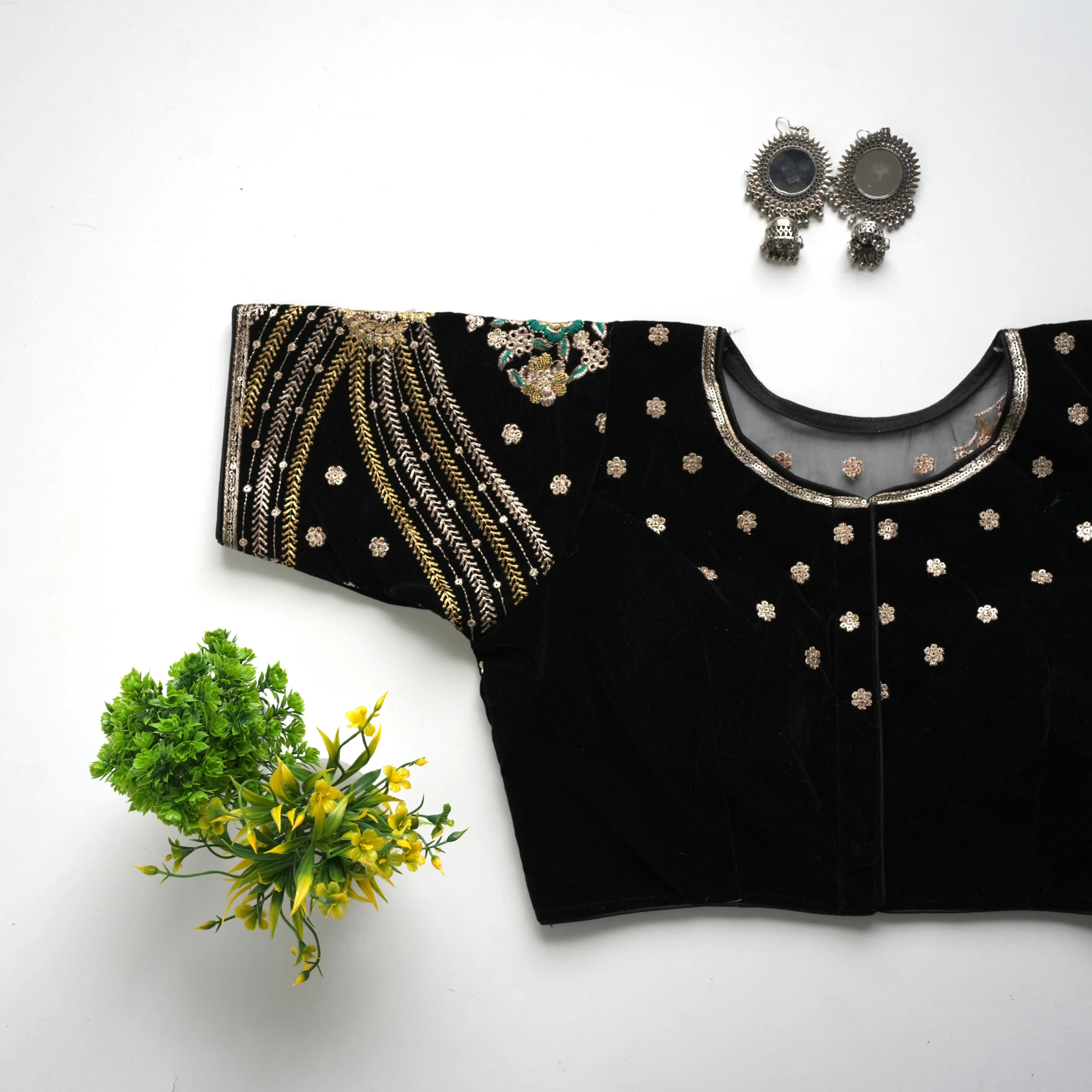 Black Taffeta Silk Blouse with Golden Embroidery and Sequin Touch