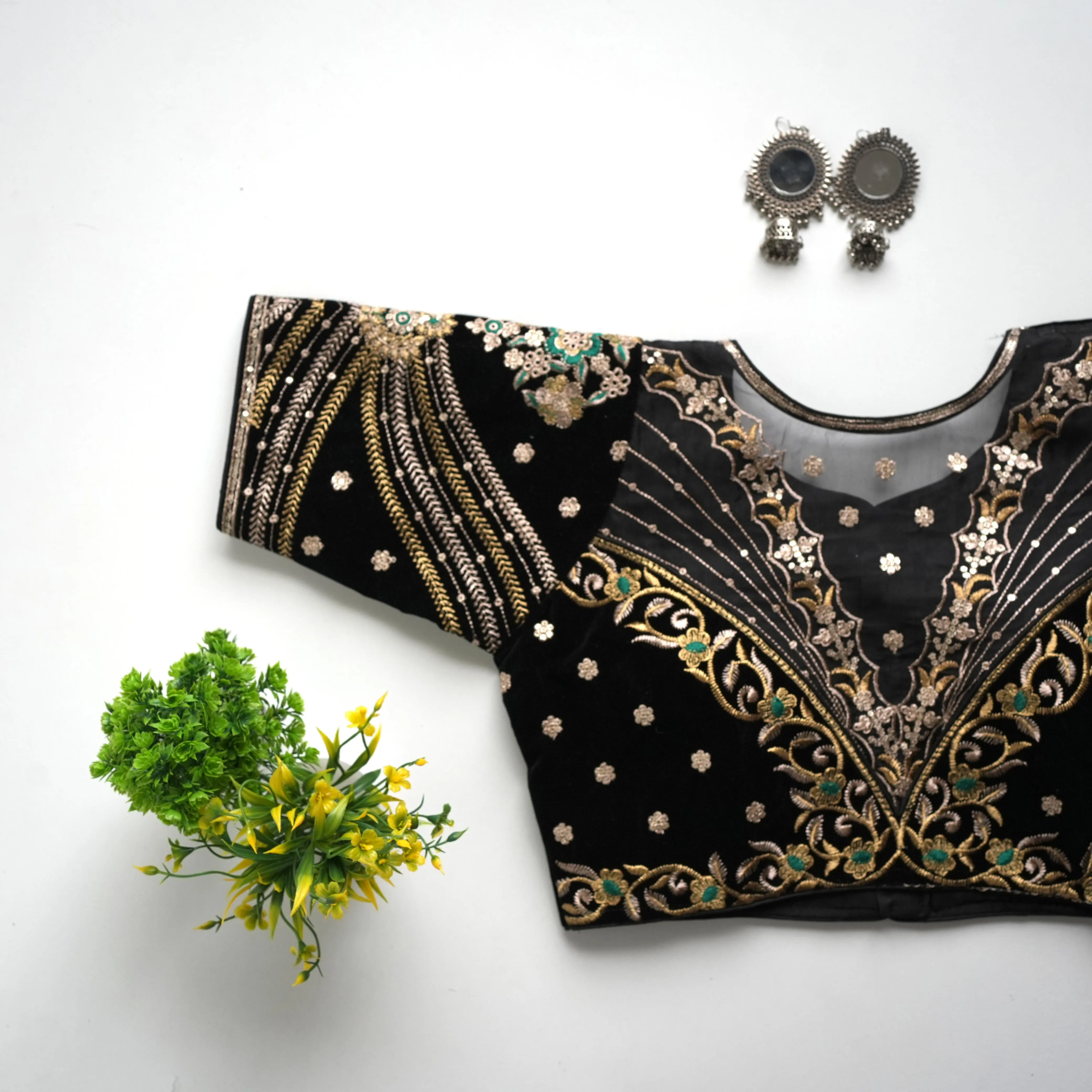 Black Taffeta Silk Blouse with Golden Embroidery and Sequin Touch