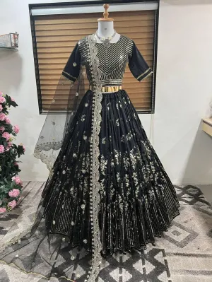 Black Taffeta Silk Embroidery Lehenga Choli with Dupatta