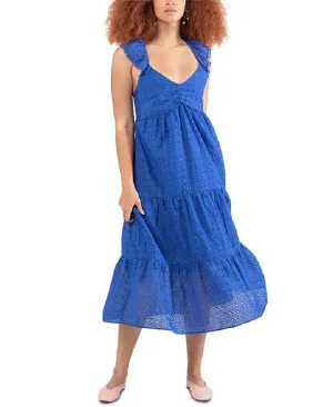 Black Tape Women's Women's Cotton Tiered Eyelet Dress Blue Size Small