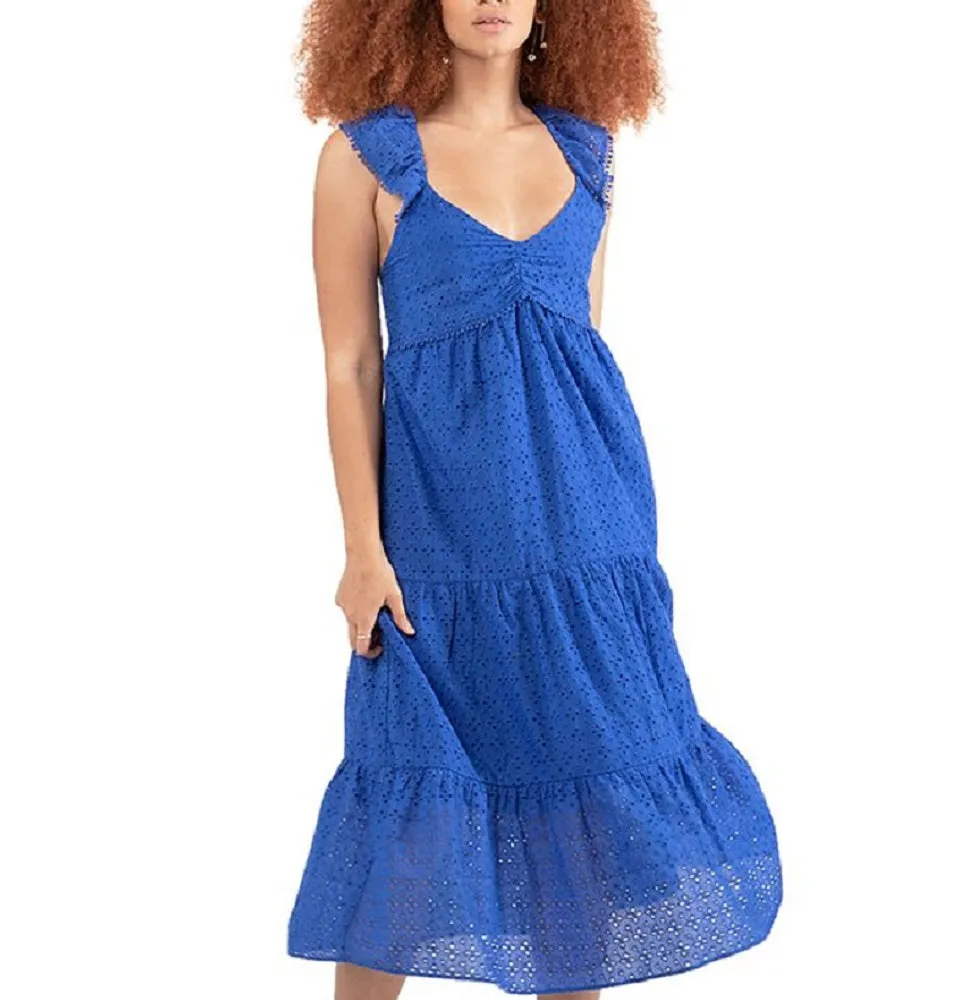 Black Tape Women's Women's Cotton Tiered Eyelet Dress Blue Size Small