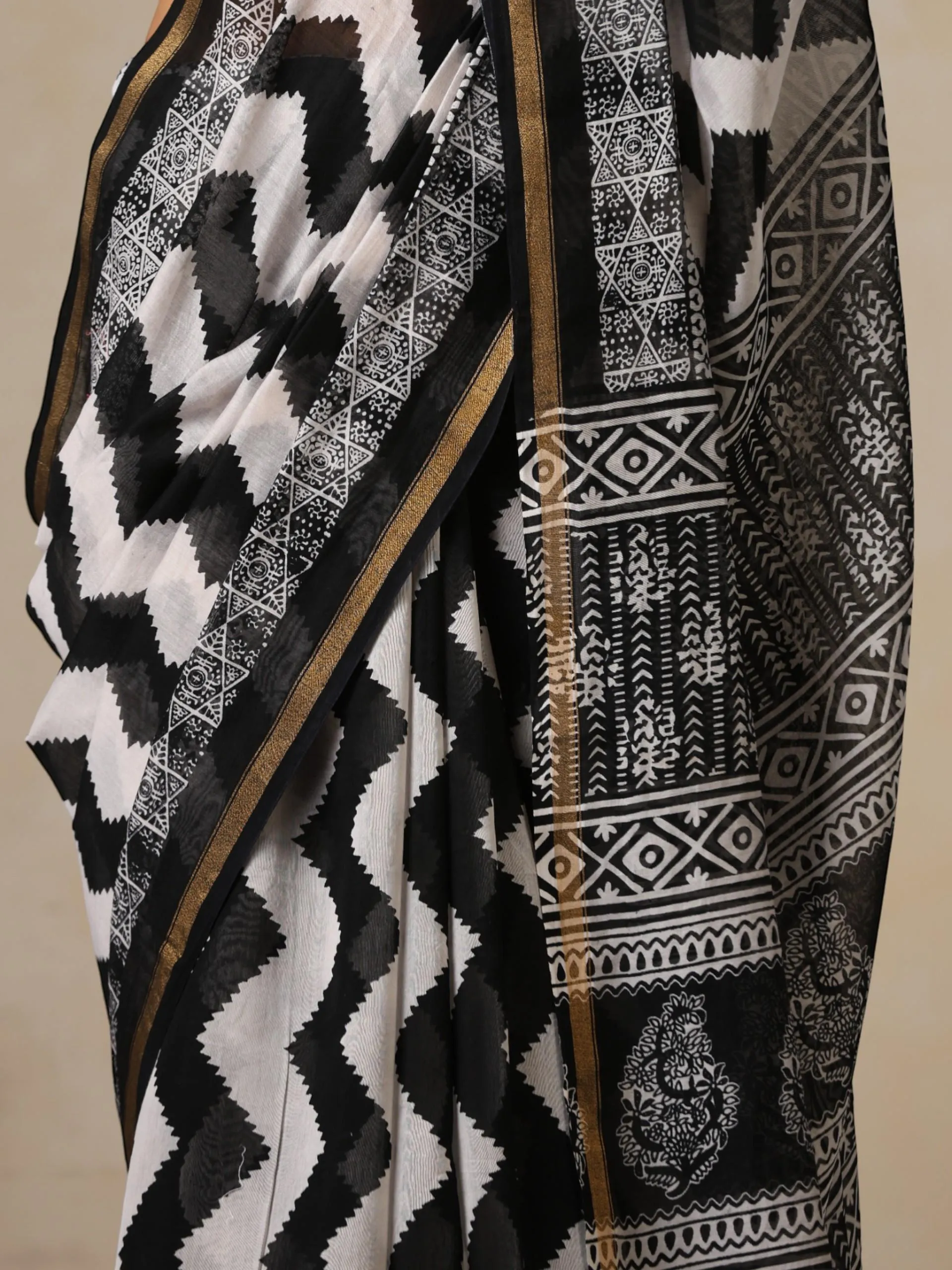 Black Temple Pure Chanderi Silk Cotton Hand Printed Saree with Blouse Fabric