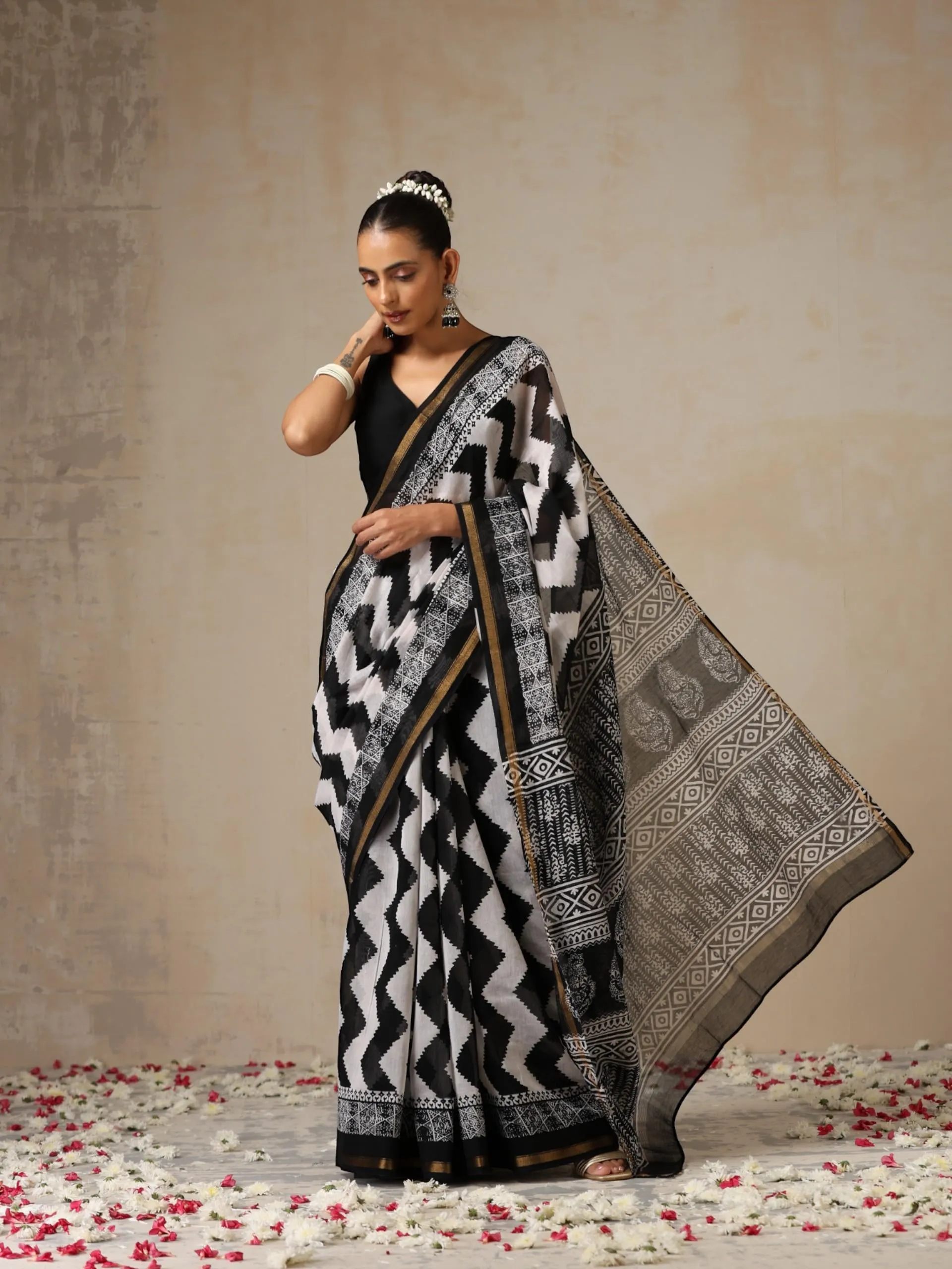 Black Temple Pure Chanderi Silk Cotton Hand Printed Saree with Blouse Fabric