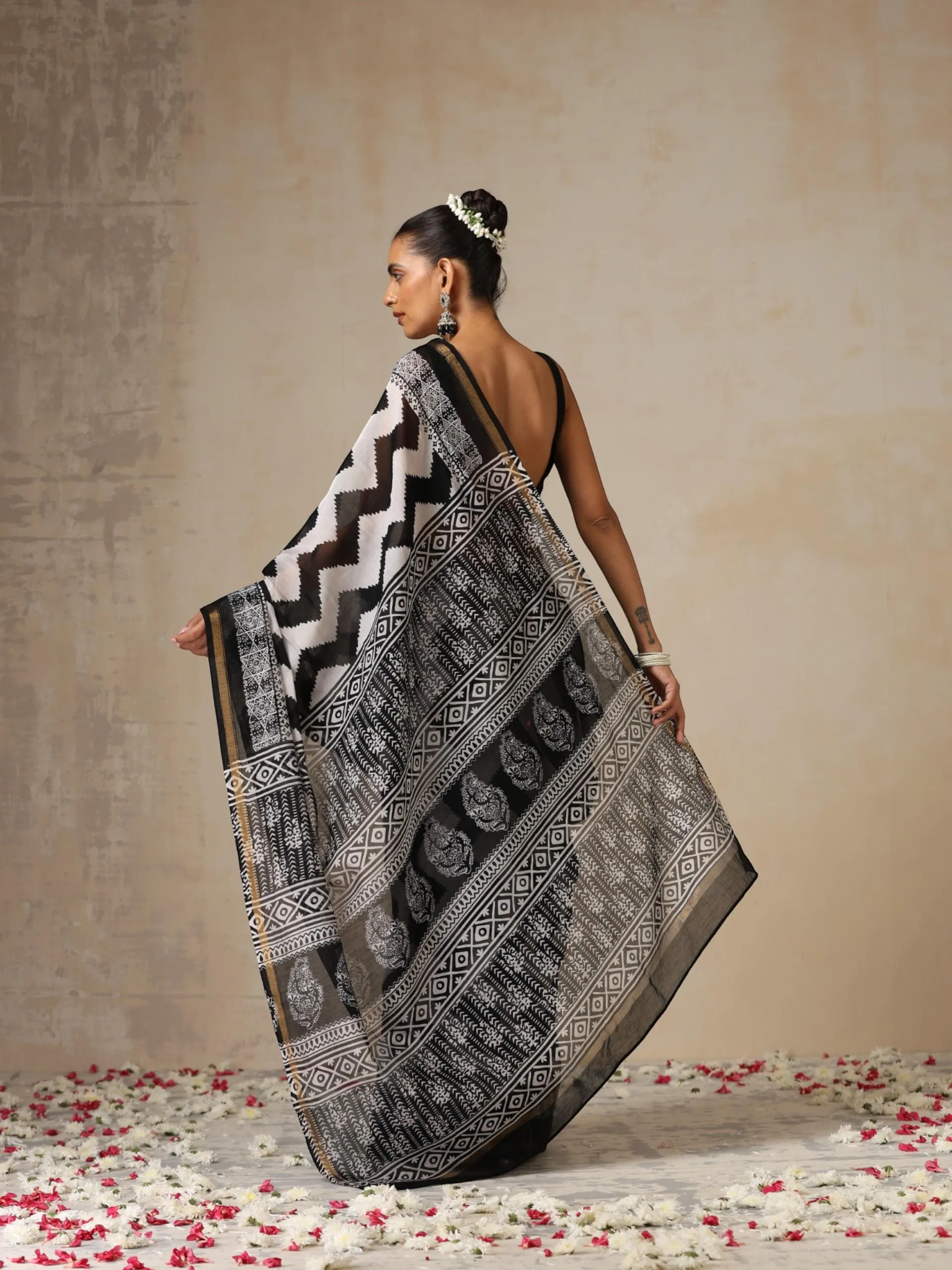 Black Temple Pure Chanderi Silk Cotton Hand Printed Saree with Blouse Fabric