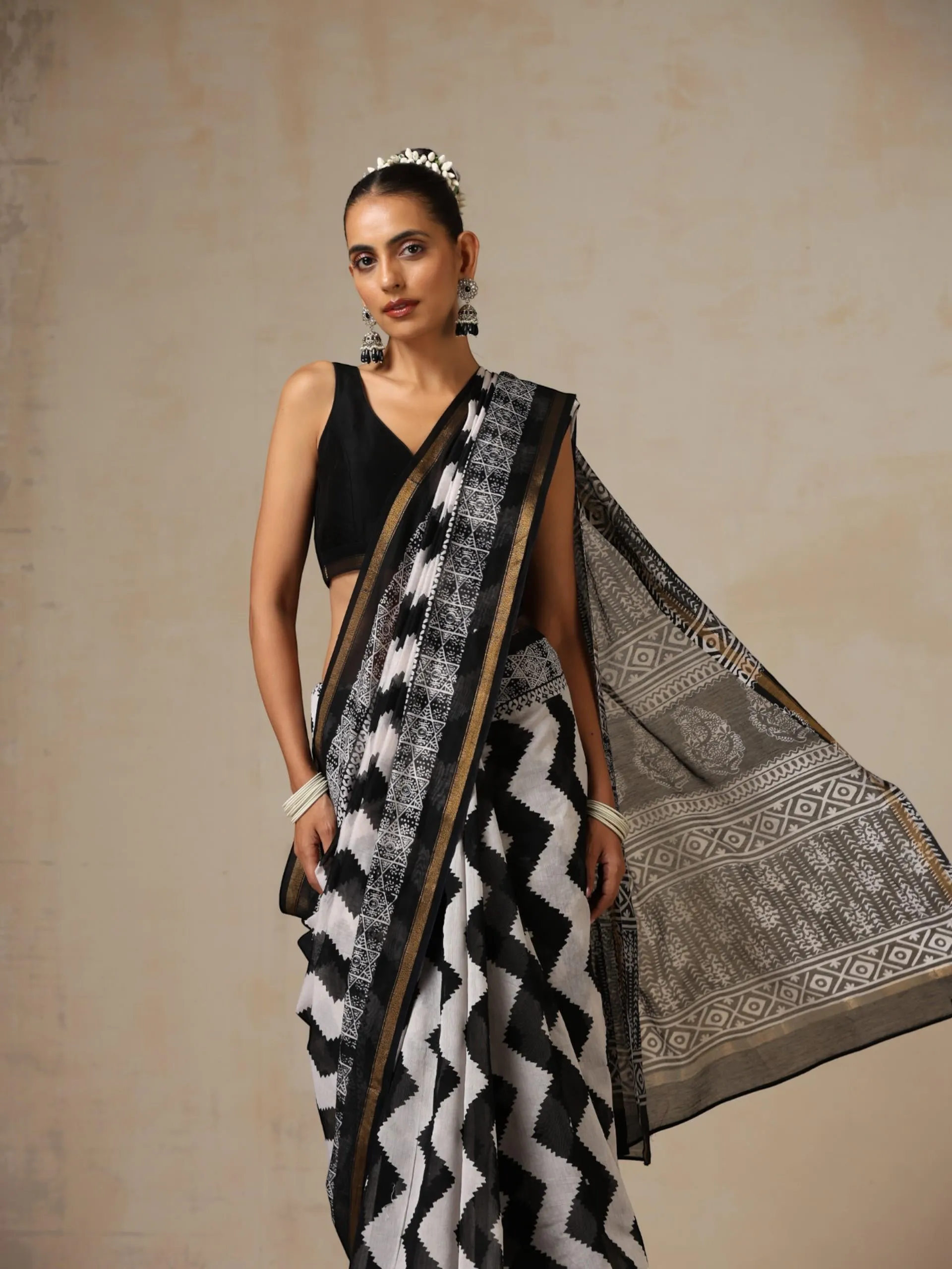 Black Temple Pure Chanderi Silk Cotton Hand Printed Saree with Blouse Fabric