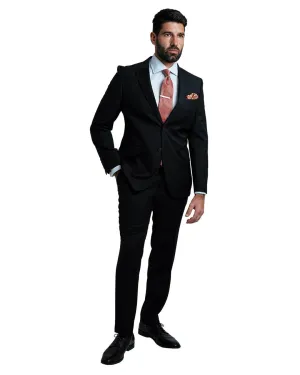 Black Textured Self Stripe Suit