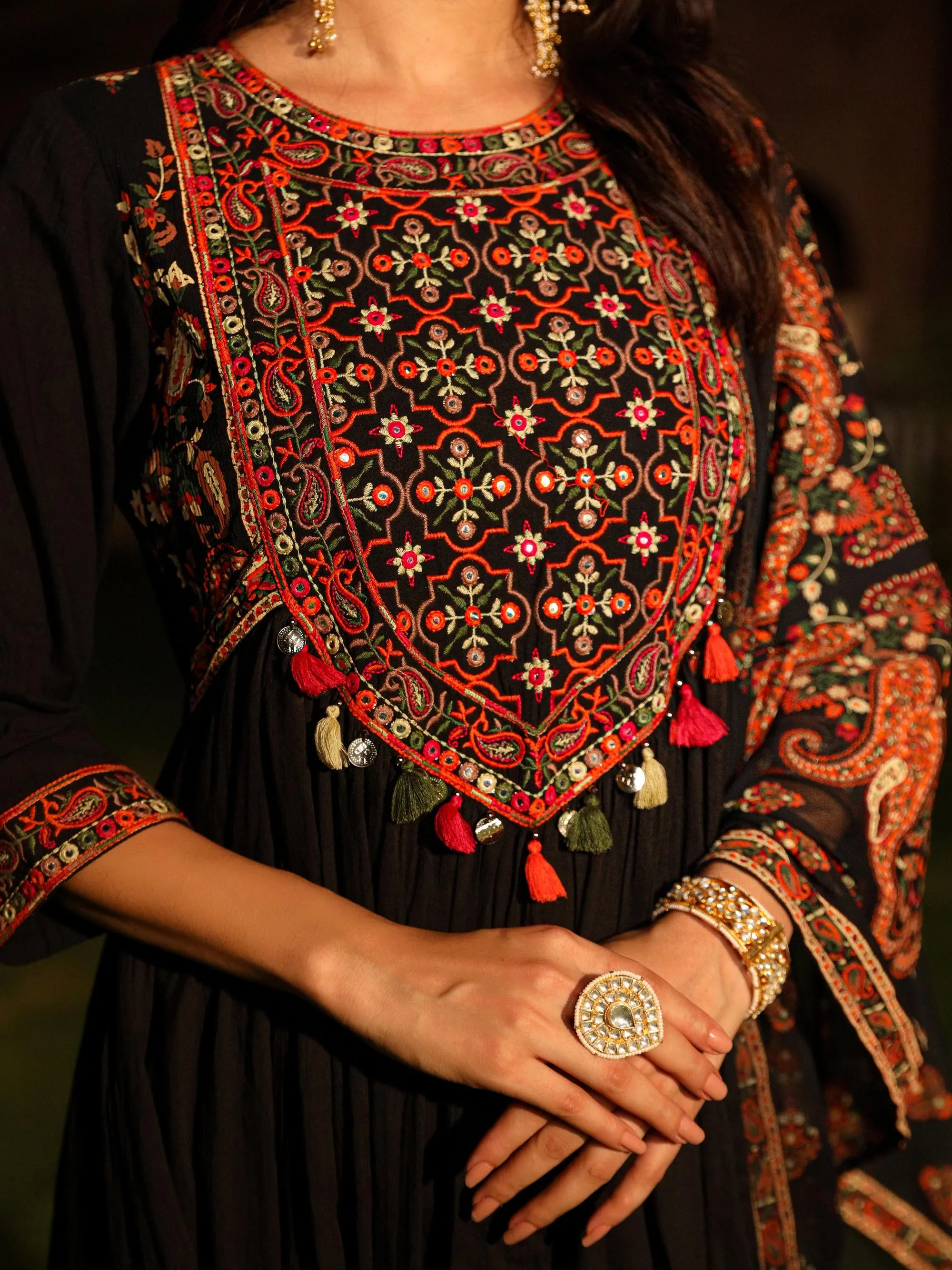 Black Thread Embroidered Cotton Dress & Dupatta With Tassels & Mirror Work