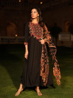 Black Thread Embroidered Cotton Dress & Dupatta With Tassels & Mirror Work