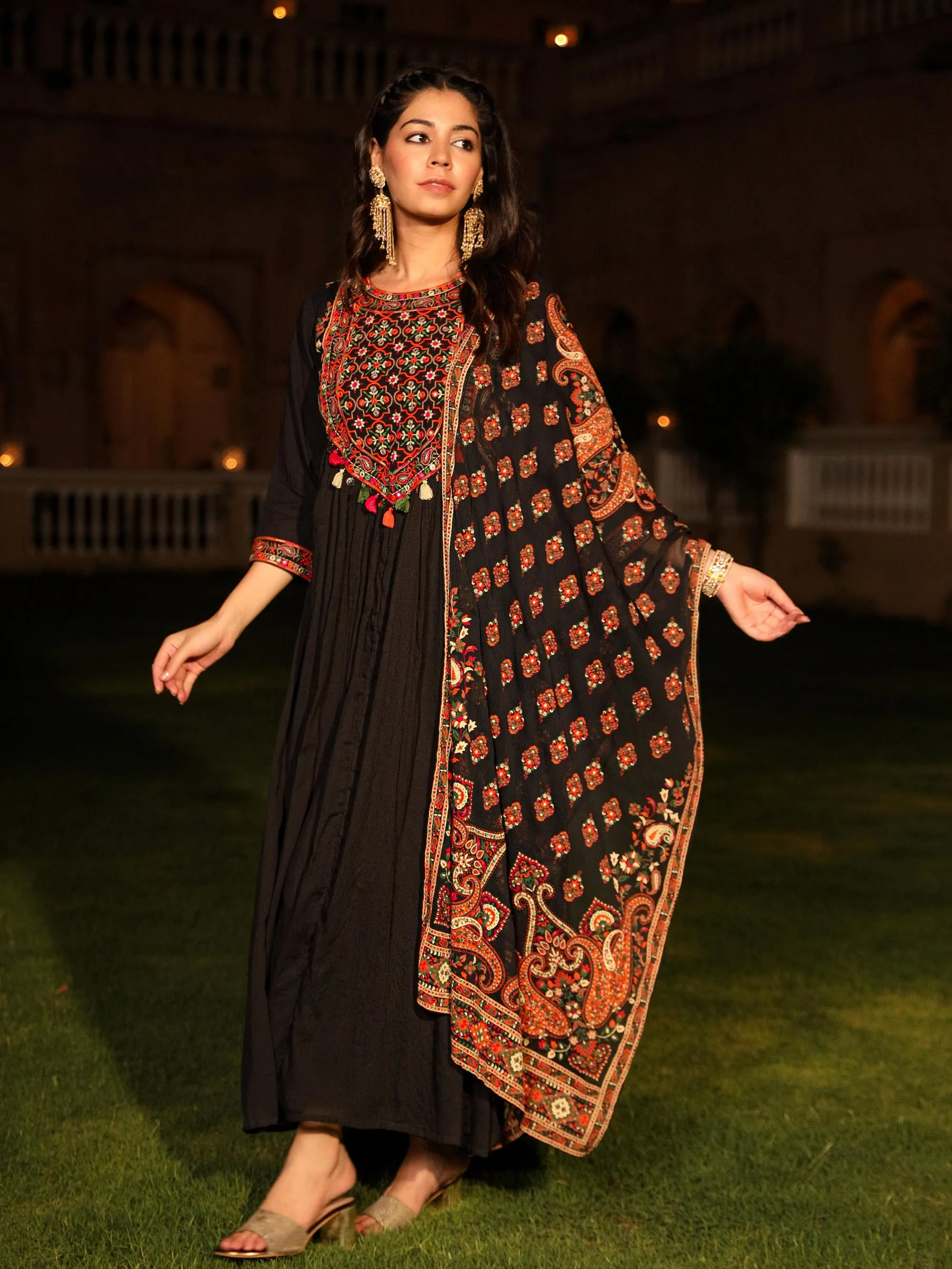 Black Thread Embroidered Cotton Dress & Dupatta With Tassels & Mirror Work