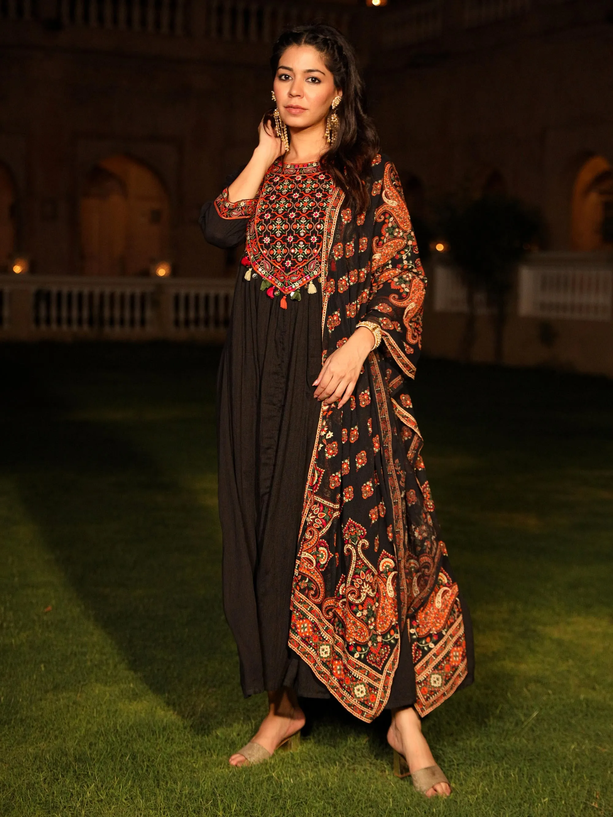 Black Thread Embroidered Cotton Dress & Dupatta With Tassels & Mirror Work